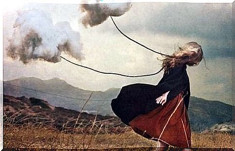 Woman tied to some clouds