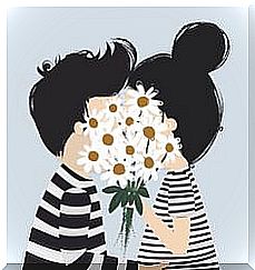 kiss and bouquet of daisies