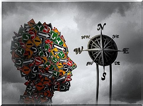 Head made with signs next to compass rose