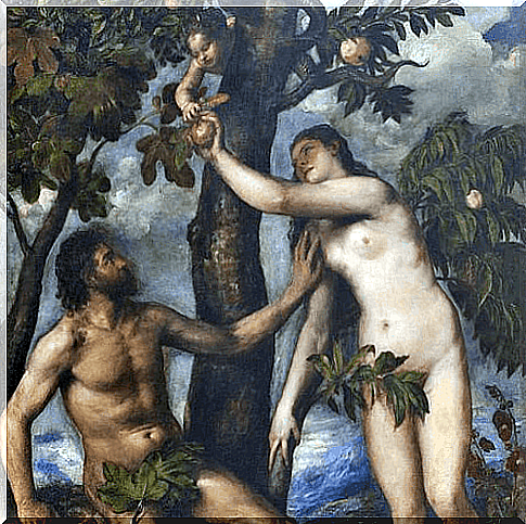 Painting of Eve collecting the apple.