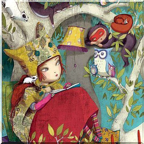 little girl, owls, squirrels and mice