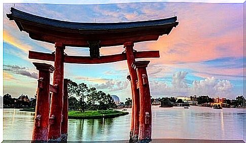 A Japanese arch in the water symbolizes the origin of death